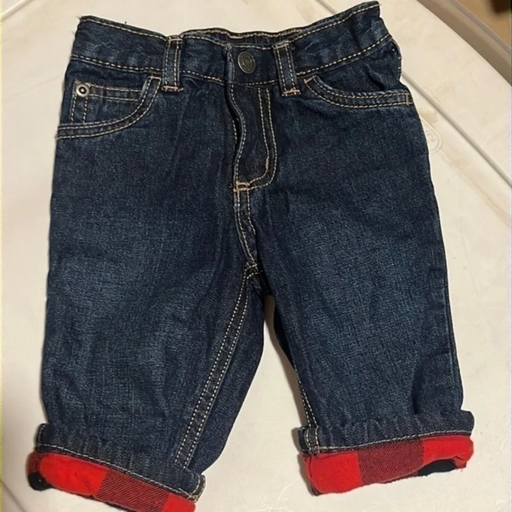 Carter’s buffalo plaid flannel lined‎ jeans size 6 mos